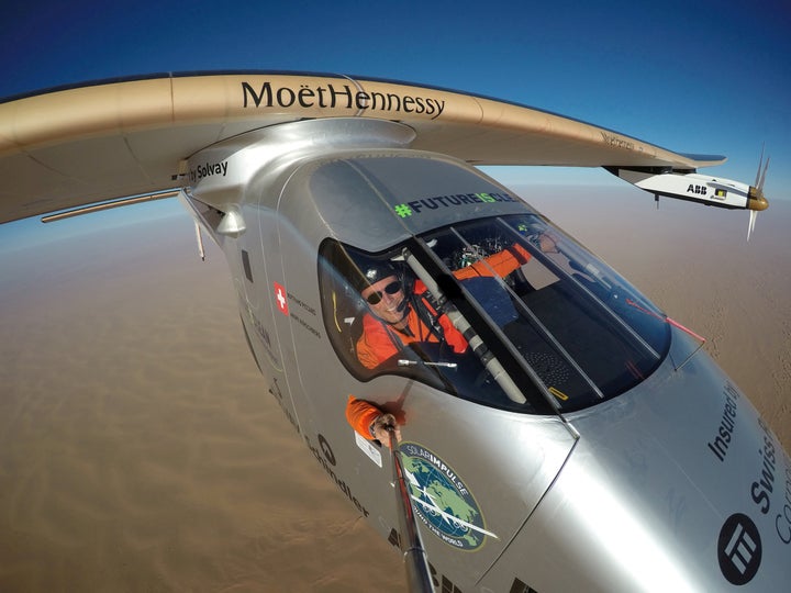 The Solar Impulse 2, a solar-powered plane, flies over the Arab peninsula on the last leg of a round-the-world trip in July 2016.