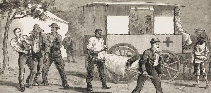 An illustration from 1883 shows patients in Cape Town, South Africa, suffering from smallpox.