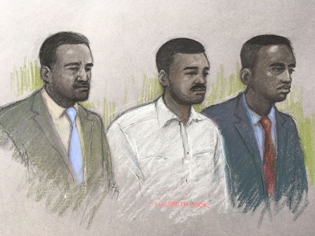 Court artist sketch  of (left to right) Merse Dikanda, Jonathan Okigbo, and George Koh at The Old Bailey, London where they are on trial accused of the murder of 25-year-old Harry Uzoka from west London