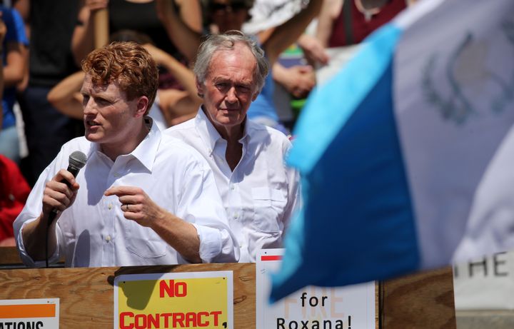 Congressman Joe Kennedy (D-Mass.) (L) and Senator Edward Markey (D-Mass.) (R) attend a rally against President Trump's immigration policy that was separating families on June 30, 2018. 