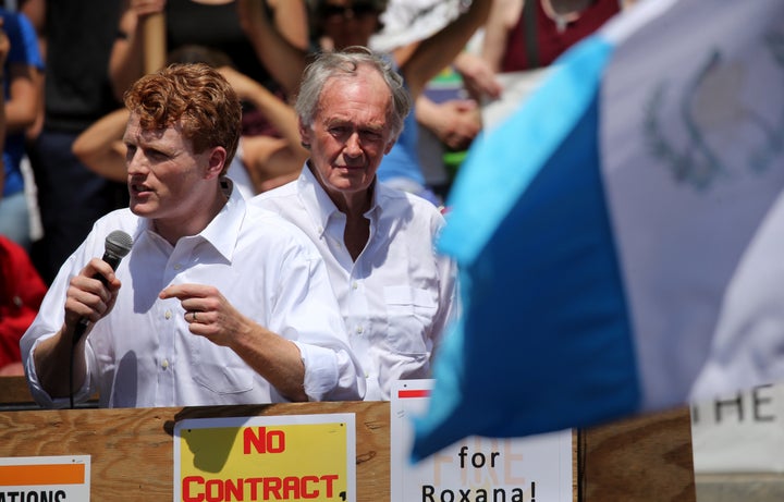 Congressman Joe Kennedy (D-Mass.) (L) and Senator Edward Markey (D-Mass.) (R) attend a rally against President Trump's immigr