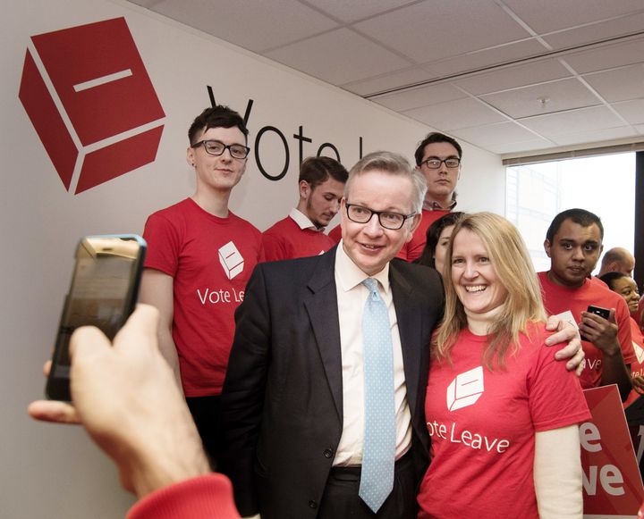 Darren Grimes (back left) with Michael Gove at the launch of the Vote Leave campaign at the group's headquarters in central London.