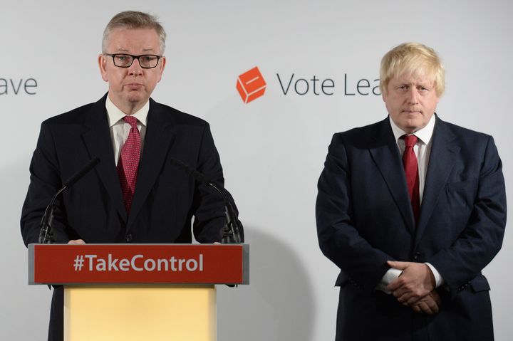 Michael Gove MP (L) speaks during a press conference as Boris Johnson MP looks on following the results of the EU referendum.