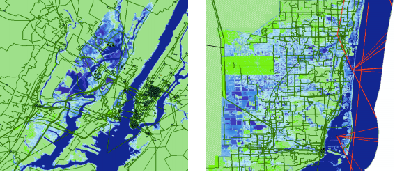 Overlap of internet infrastructure and seawater in New York (left) and Miami (right) with average sea level rise of six feet.