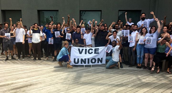 Vice employees gather on the rooftop of the company's Brooklyn headquarters on Tuesday to discuss next steps.