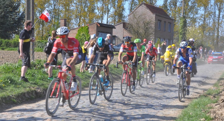 Cyclists compete in the 2017 Paris-Roubaix course.