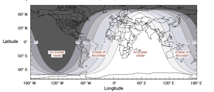 This illustration from NASA shows where in the world the July 27, 2018, eclipse will be visible. 