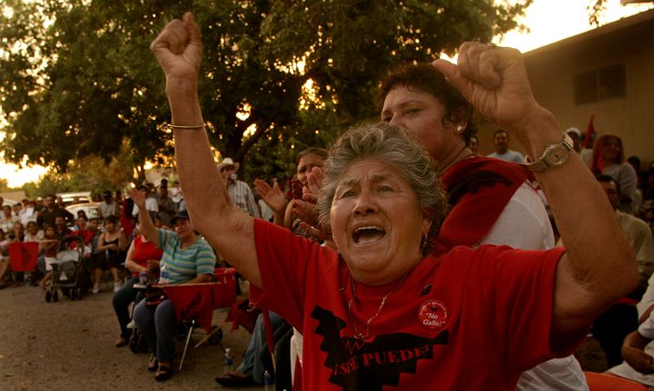 United Farm Workers supporter Carolina Holguin participates in a rally in Arvin, California, after a march in memory of farmworker Salud Zamudio Rodriguez, who died in 2005 of heat exhaustion.