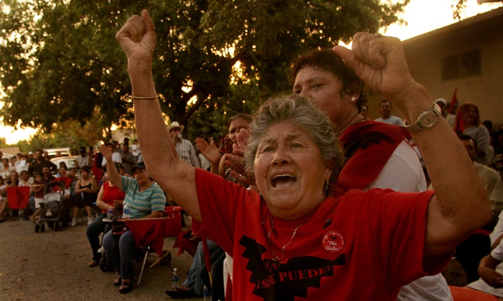 United Farm Workers supporter Carolina Holguin participates in a rally in Arvin, California, after a march in memory of