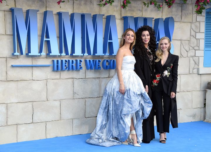 Cher was joined at the 'Mamma Mia! Here We Go Again' London premiere by co-stars Lily James (left) and Amanda Seyfried.