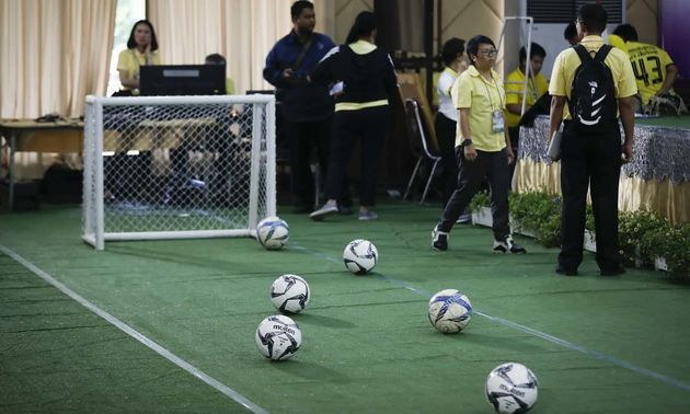 A mini football pitch had been set up at the press conference.