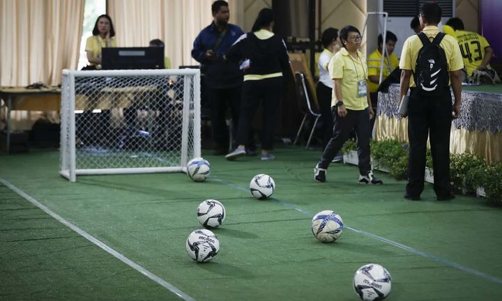 A mini football pitch had been set up at the press conference.