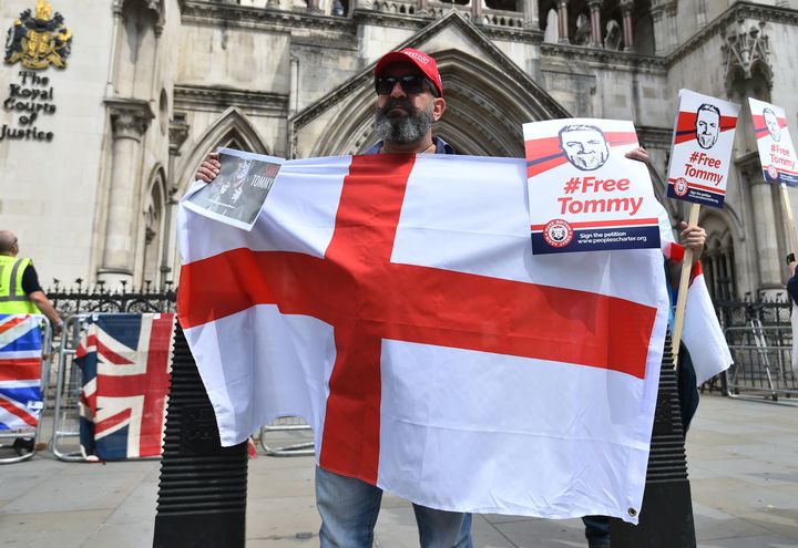 Supporters of Yaxley-Lennon gathered outside the court during his appeal hearing earlier this month 