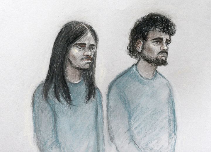 A court sketch of Naa'imur Zakariyah Rahman (left) and Mohammed Aqib Imran in the dock at Westminster Magistrates' Court in London