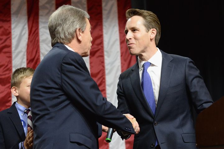 Missouri Attorney General Josh Hawley shakes hands in 2016 with GOP Sen. Roy Blunt, who he once joked about replacing.