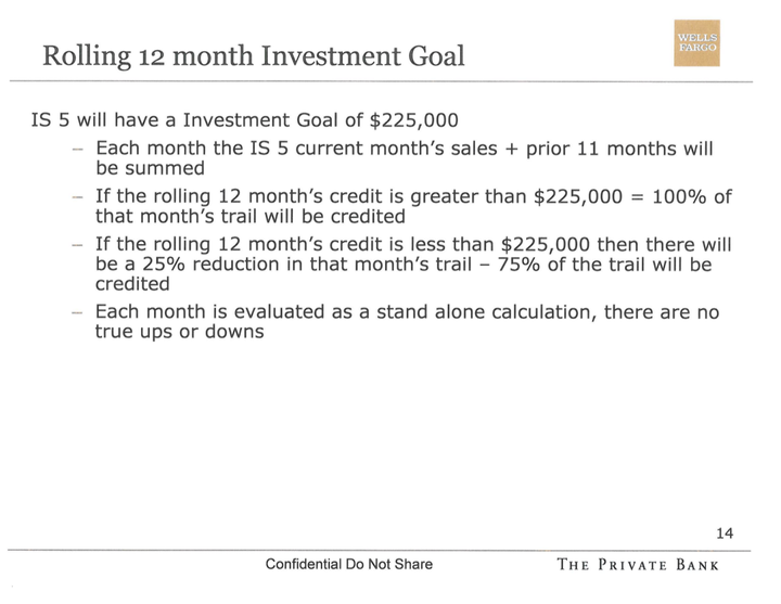 Wells Fargo introduced a new way to promote sales for its Private Bank investment strategists for 2017: A sales threshold of $225,000 in fees for the trailing 12 months