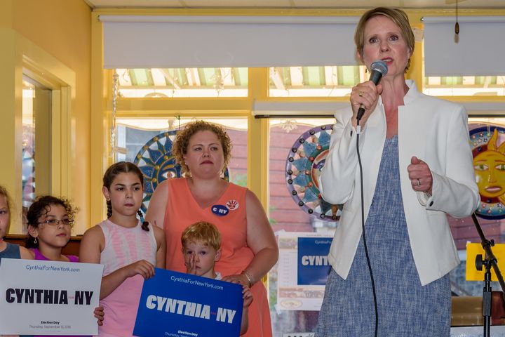 Democrat Cynthia Nixon, a New York gubernatorial candidate, speaks in favor of shutting down a fracked gas pipeline at a press conference in Peekskill, New York.