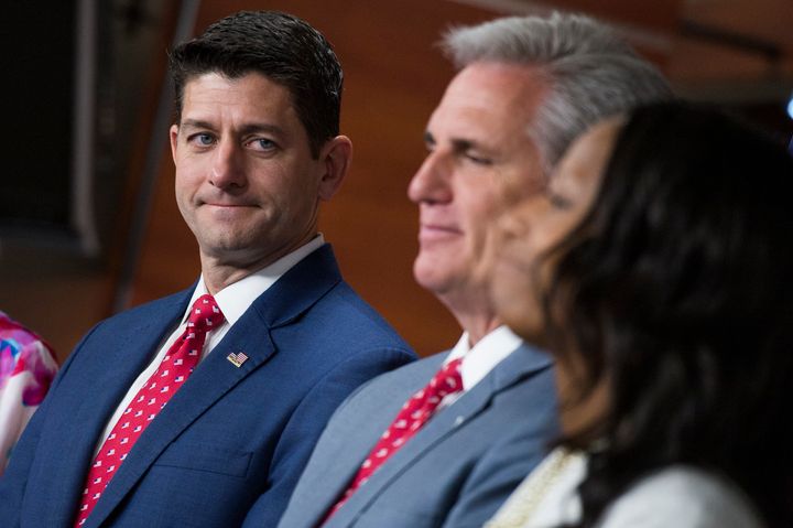 Speaker Paul Ryan (R-Wis.), House Majority Leader Kevin McCarthy (R-Calif.) and Rep. Mia Love (R-Utah) at a news conference.