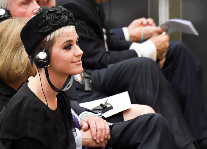 Katy Perry looks toward an unseen Pope Francis as he welcomes participants to a health conference at the Vatican on April 28.