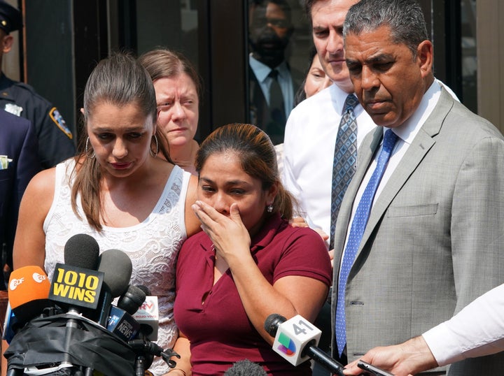 Yeni Marciela Gonzalez Garcia, center, speaks to the news media after being reunited with her children on July 13. A considerable amount of the money Immigrant Families Together has raised goes to pay bonds, which can range from $1,500 to as much as $30,000.