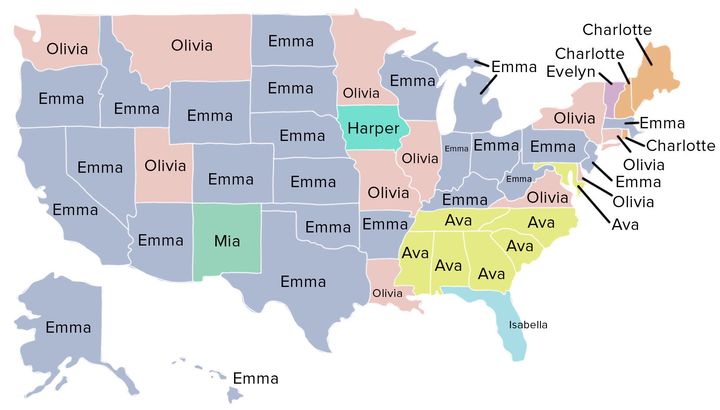 The most popular names for baby girls in each state.