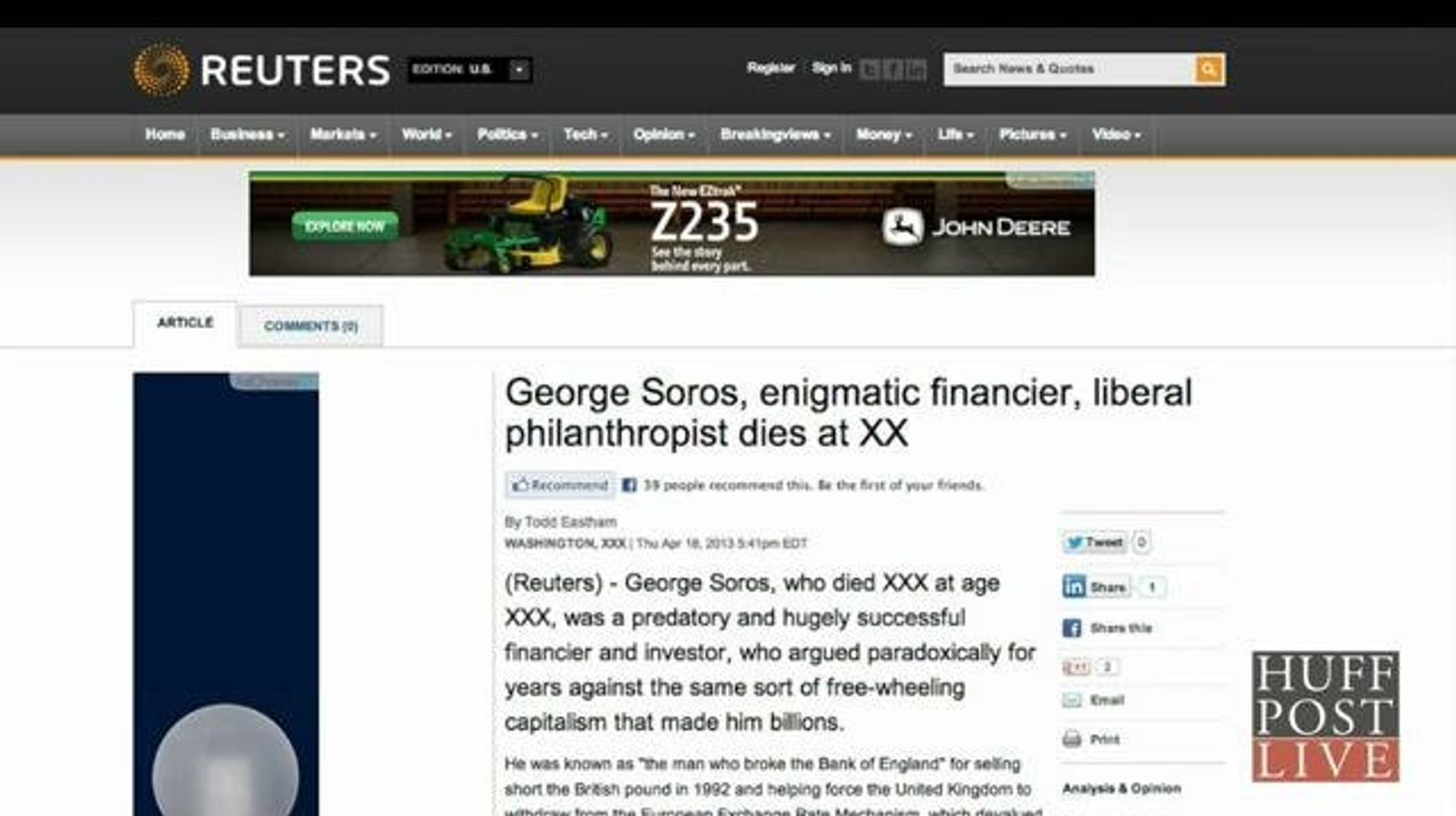 Reuters Accidentally Reports Death Of George Soros