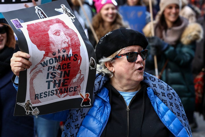 Protesters participate in the Women's March against U.S. President Donald J. Trump in Chicago, United States on Jan. 20, 2018.