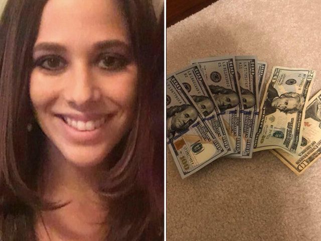 Kimberly (pictured left) and the pile of money she was given from strangers (right).