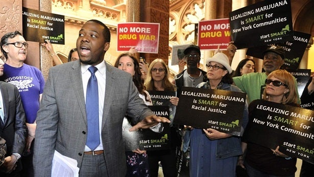 Chris Alexander, policy coordinator for the Drug Policy Alliance, advocates for marijuana legislation at the state Capitol in Albany, New York. Supporters say the bill would promote social justice and equity.