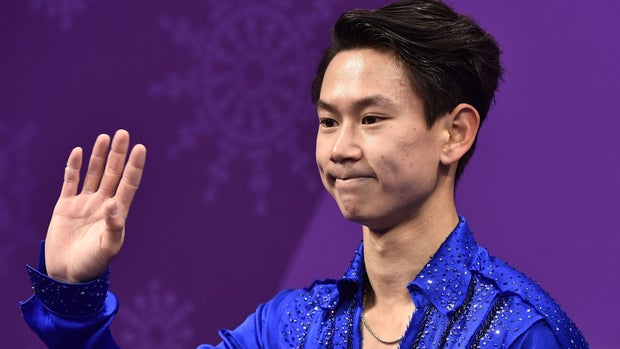 Kazakhstan's Denis Ten reacts after competing in the men's single skating short program of the figure skating event during the Pyeongchang 2018 Winter Olympic Games at the Gangneung Ice Arena in Gangneung on February 16, 2018. / AFP PHOTO / ARIS MESSINIS        (Photo credit should read ARIS MESSINIS/AFP/Getty Images)