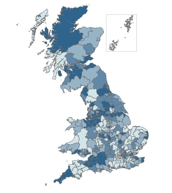 People on Universal Credit by local authority of June 2018. The darker areas of the map are local authorities with higher numbers of Universal Credit claimants. The North West region, where rollout started, has the largest number of claimants.