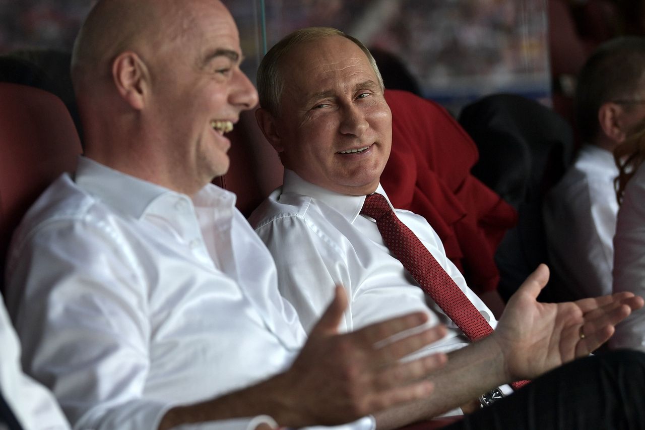 Infantino and Putin in a VIP box at the World Cup final between France and Croatia on July 15.