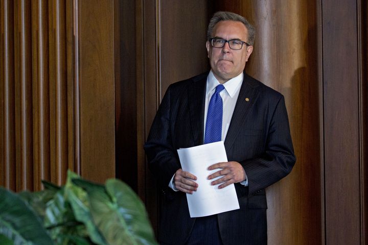 Andrew Wheeler, acting administrator of the Environmental Protection Agency, waits to speak to employees at the agency's headquarters in Washington on July 11.