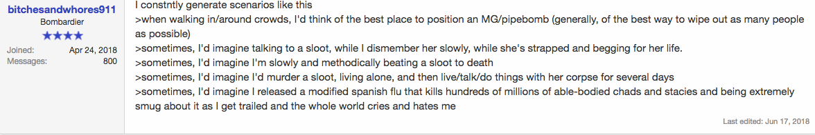 An incel garners praise after describing his fantasies of detonating a bomb in a large crowd of people and murdering "sloots" (sluts).