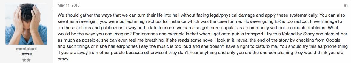 An incel shares his everyday strategies for turning women's lives "into hell."