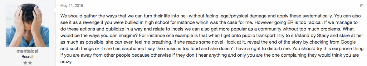 An incel shares his everyday strategies for turning women's lives "into hell."