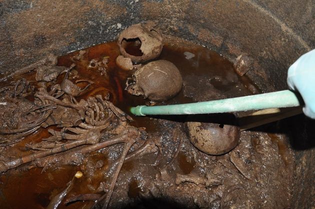 The once mummified remains of three individuals were found in the sarcophagus, which is believed to have been sealed for 2,000 years 