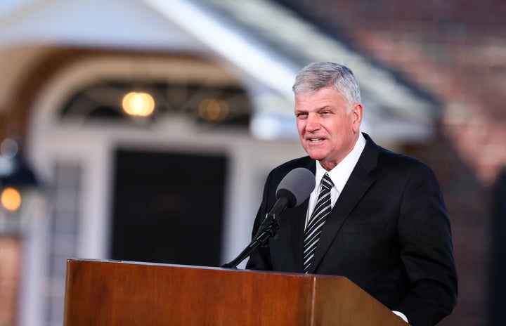 Franklin Graham delivers the eulogy during the funeral of his father, the Reverend Billy Graham, in Charlotte, North Carolina.