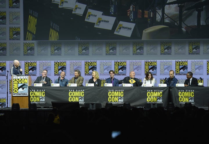 (From left) Bill Burr, Vince Gilligan, Paul, Cranston, Anna Gunn, RJ Mitte, Dean Norris, Betsy Brandt, Bob Odenkirk and Giancarlo Esposito at the “Breaking Bad” panel at Comic-Con.