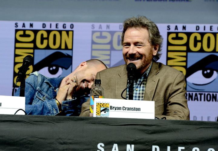 Aaron Paul (left) and Bryan Cranston marked 10 years since the premiere of “Breaking Bad” at Comic-Con in San Diego on July 19.