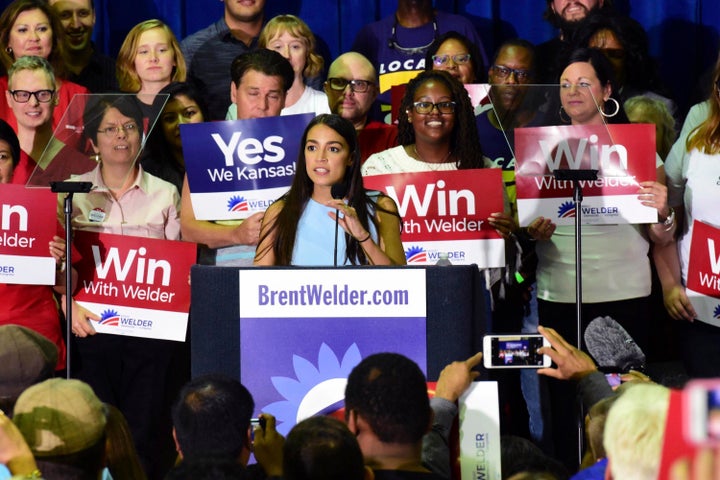 New York congressional candidate Alexandria Ocasio-Cortez speaks in support of Kansas Democrat Brent Welder in Kansas City, Kansas, on Friday night.