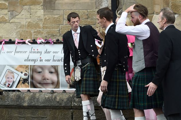  Father Robert MacPhail (left), mother Georgina MacPhail and Calum MacPhail (second from right) leaving the Coats Funeral Home, in Coatbridge, following the funeral of six-year-old Alesha MacPhail, whose body was found on the Isle of Bute earlier this month.