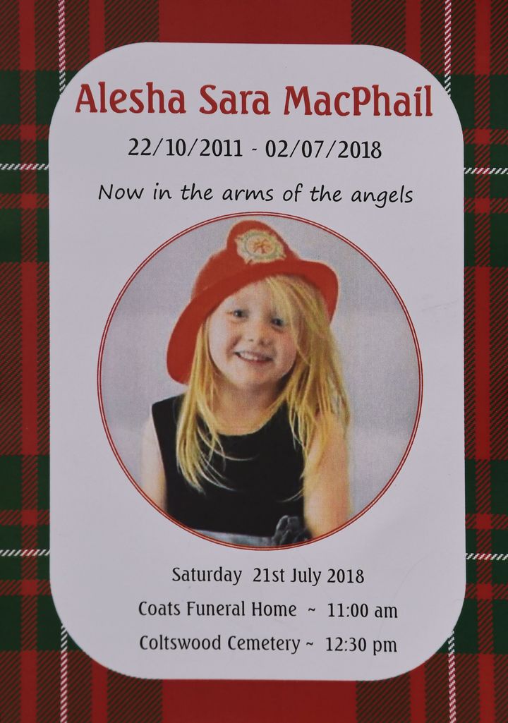 The order of service for the funeral of six-year-old Alesha MacPhail at the Coats Funeral Home, in Coatbridge, whose body was found on the Isle of Bute earlier this month.
