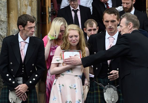 (left to right) Father Robert MacPhail, mother Georgina MacPhail and her partner leaving the Coats Funeral Home, in Coatbridge, following the funeral of six-year-old Alesha MacPhail.