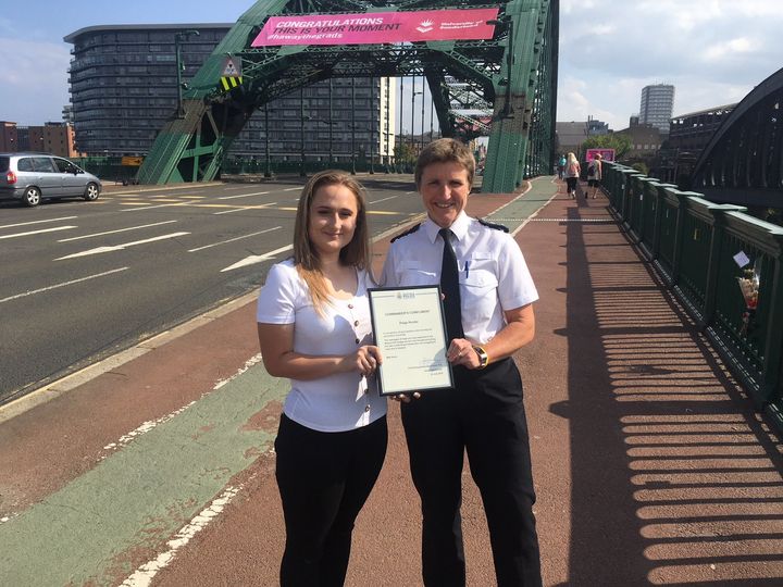 Paige Hunter with Chief Superintendent Sarah Pitt on Sunderland's Wearmouth Bridge 