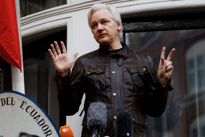 WikiLeaks founder Julian Assange is seen on the balcony of the Ecuadorian Embassy in London, Britain, in 2017, after seeking refuge at the embassy in 2012.