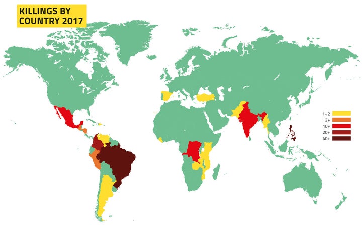 Killings of environmental defenders by country in 2017, according to Global Witness.