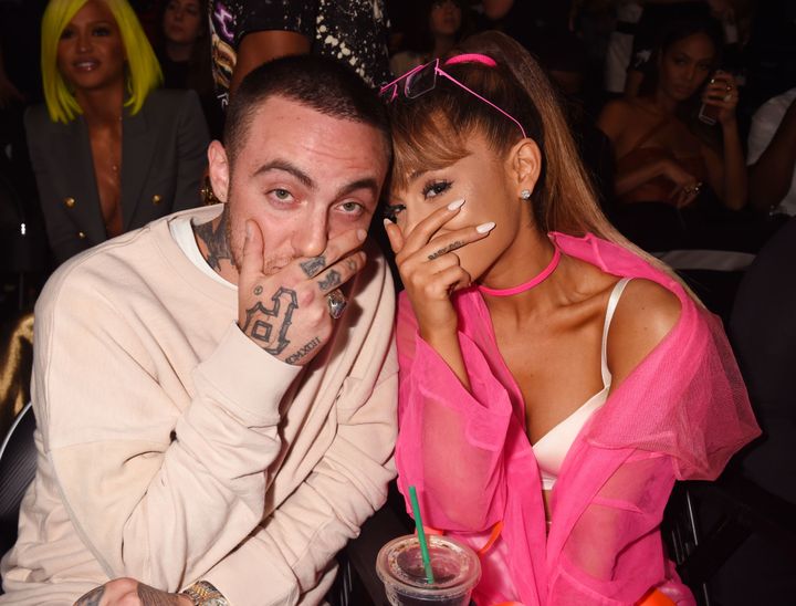 Mac Miller and singer Ariana Grande pose backstage during the 2016 MTV Video Music Awards.