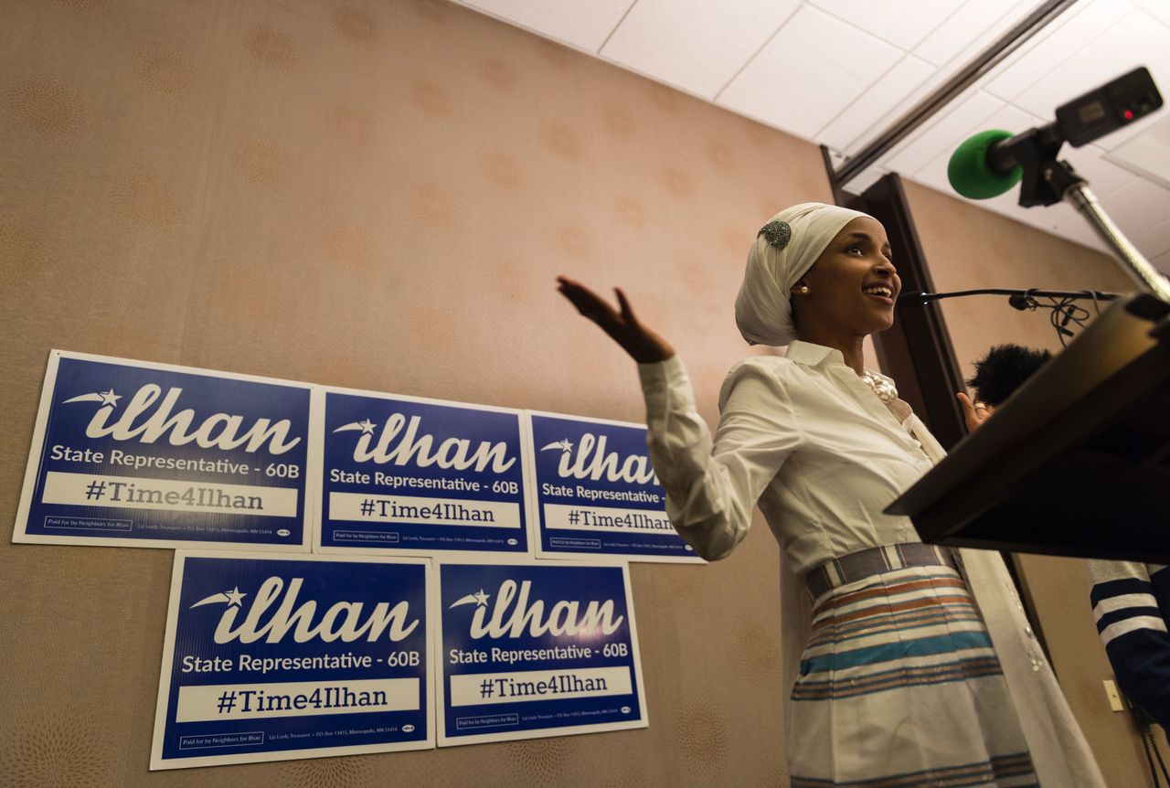 Ilhan Omar, then-candidate for state representative in Minnesota, delivers her acceptance speech on election night on Nov. 8, 2016.