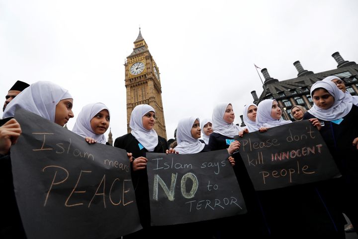 Muslims demonstrate against violence on Westminster Bridge in London on March 29, 2017, one week after a terrorist attack there left five people dead.